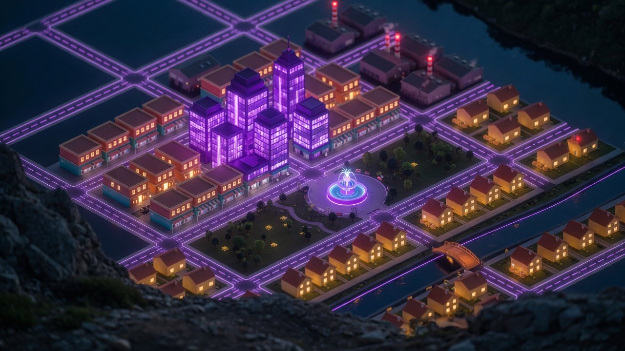 Small City map — night skyline from the ridge